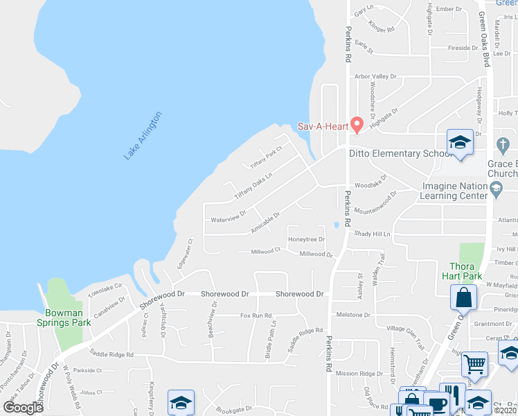 map of restaurants, bars, coffee shops, grocery stores, and more near 6210 Waterview Drive in Arlington