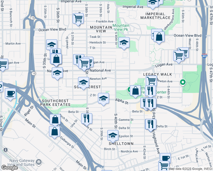 map of restaurants, bars, coffee shops, grocery stores, and more near 3930 Boston Avenue in San Diego