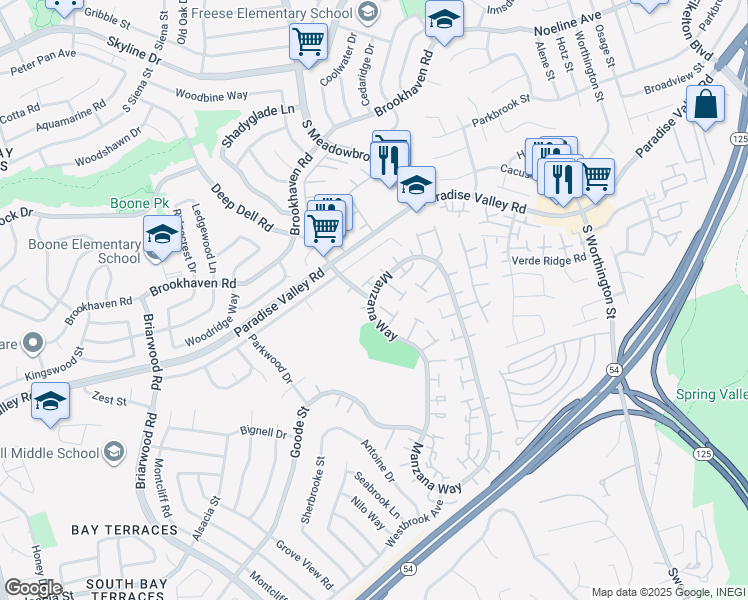 map of restaurants, bars, coffee shops, grocery stores, and more near Manzana Way & Deep Dell Road in San Diego