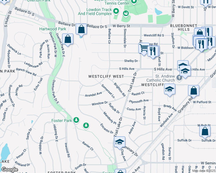 map of restaurants, bars, coffee shops, grocery stores, and more near 3800 Arundel Avenue in Fort Worth