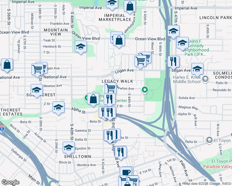 map of restaurants, bars, coffee shops, grocery stores, and more near 1137 South 43rd Street in San Diego