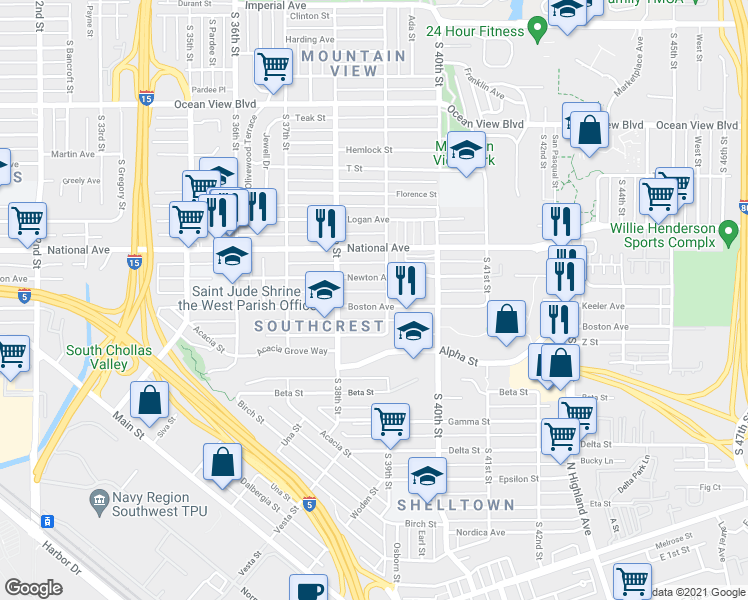 map of restaurants, bars, coffee shops, grocery stores, and more near 3876 Boston Avenue in San Diego