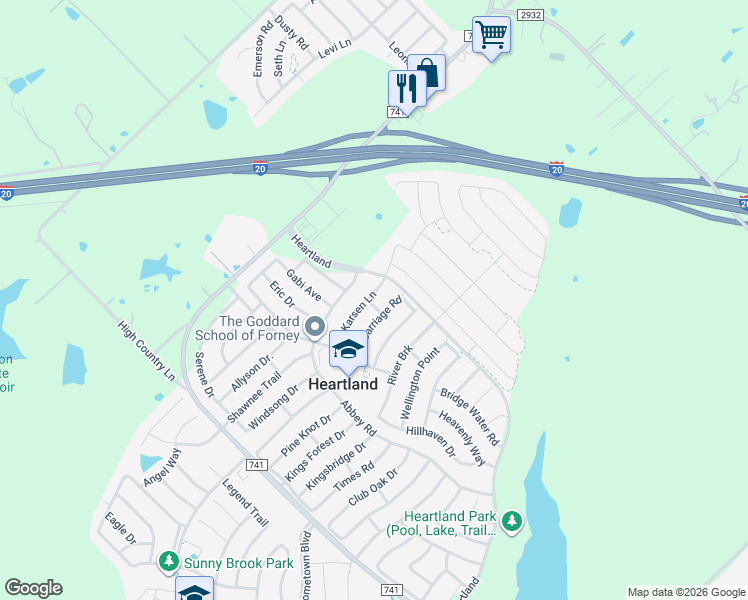 map of restaurants, bars, coffee shops, grocery stores, and more near 2029 Karsen Lane in Forney