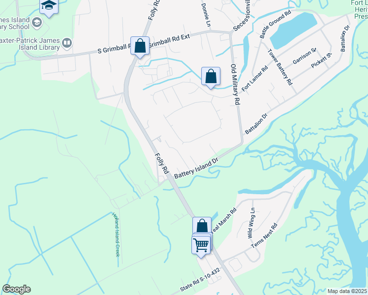 map of restaurants, bars, coffee shops, grocery stores, and more near 999 Clearspring Drive in Charleston