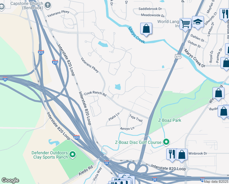 map of restaurants, bars, coffee shops, grocery stores, and more near 5316 Sendero Drive in Fort Worth