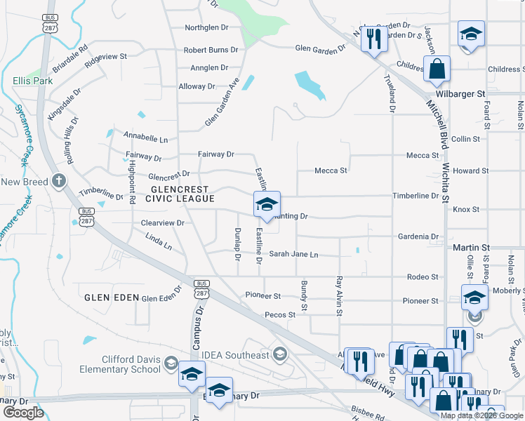 map of restaurants, bars, coffee shops, grocery stores, and more near 2545 Hunting Drive in Fort Worth