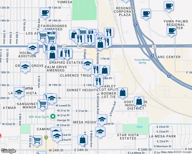 map of restaurants, bars, coffee shops, grocery stores, and more near 1840 South Arizona Avenue in Yuma