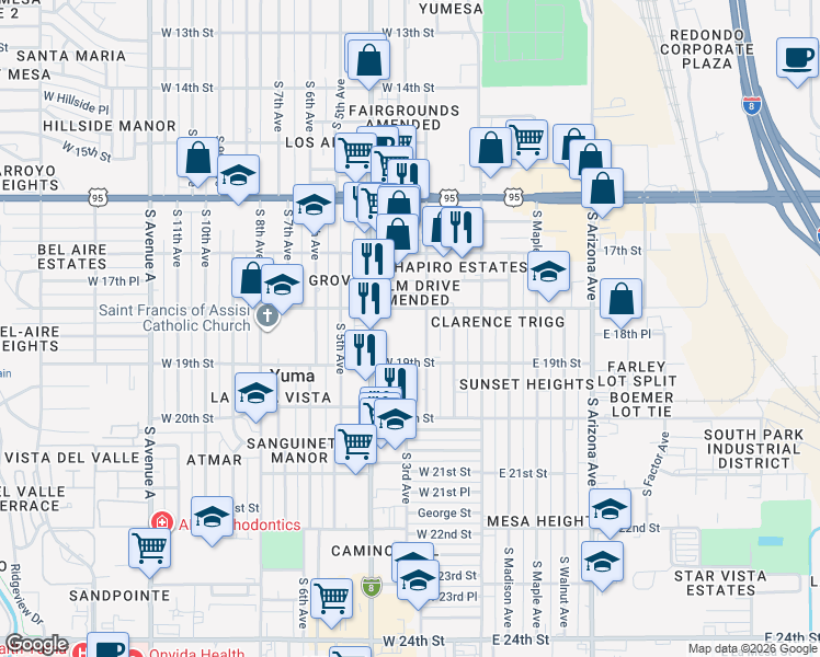 map of restaurants, bars, coffee shops, grocery stores, and more near 1845 South 3rd Avenue in Yuma