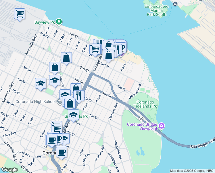 map of restaurants, bars, coffee shops, grocery stores, and more near 321 California 75 in Coronado