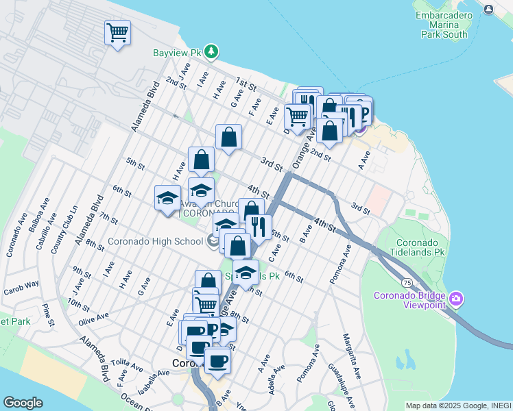 map of restaurants, bars, coffee shops, grocery stores, and more near in Coronado