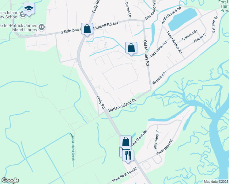 map of restaurants, bars, coffee shops, grocery stores, and more near 999 Clearspring Drive in Charleston