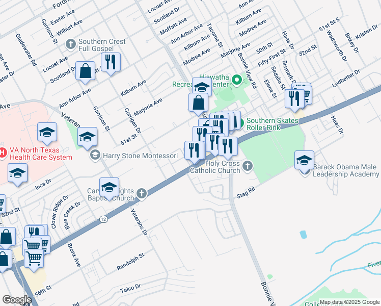 map of restaurants, bars, coffee shops, grocery stores, and more near 2805 East Ledbetter Drive in Dallas