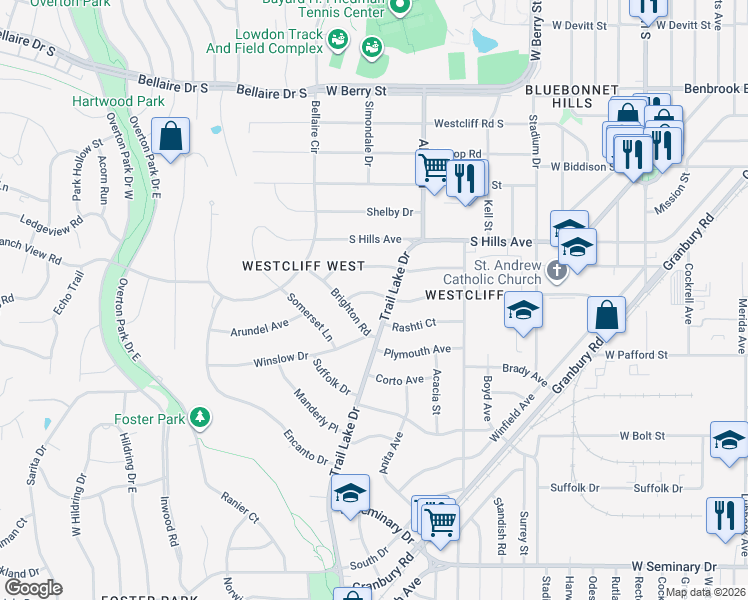 map of restaurants, bars, coffee shops, grocery stores, and more near 3609 Dryden Road in Fort Worth