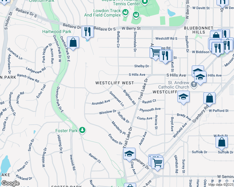 map of restaurants, bars, coffee shops, grocery stores, and more near 3800 Arundel Avenue in Fort Worth