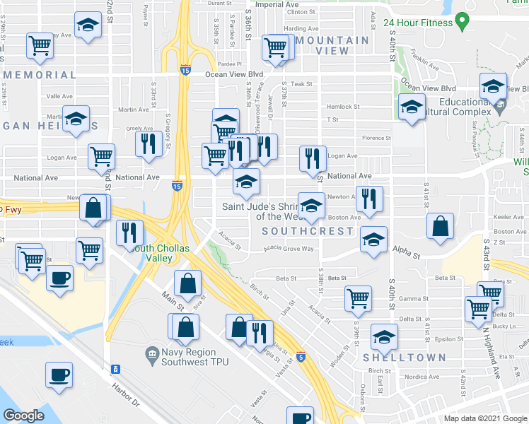 map of restaurants, bars, coffee shops, grocery stores, and more near 1170 Goodyear Street in San Diego
