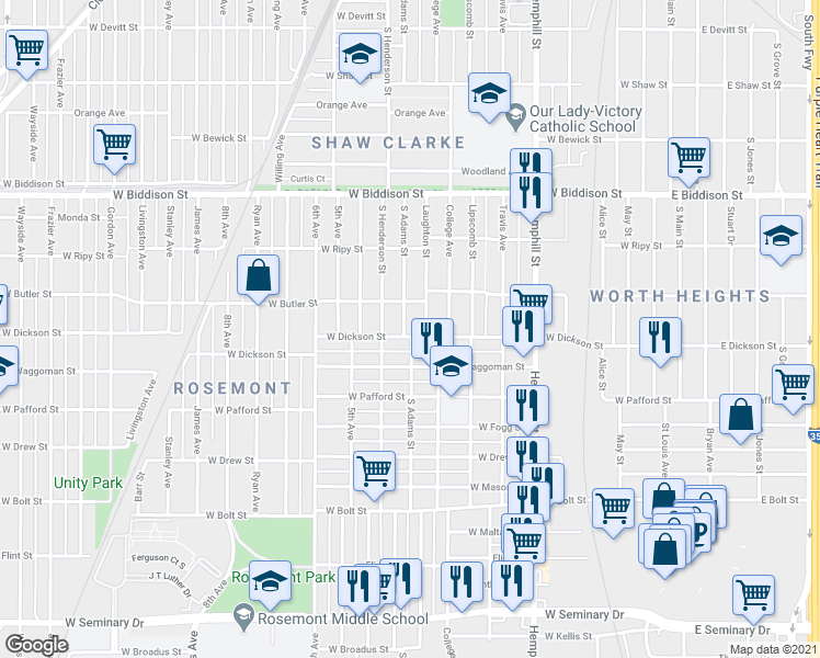 map of restaurants, bars, coffee shops, grocery stores, and more near 3725 South Adams Street in Fort Worth