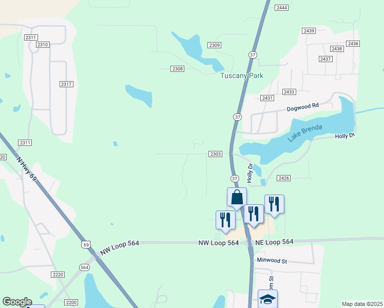 map of restaurants, bars, coffee shops, grocery stores, and more near County Road 2303 in Mineola