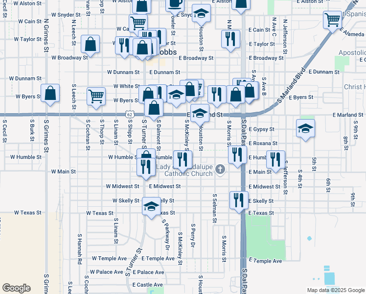 map of restaurants, bars, coffee shops, grocery stores, and more near 708 South McKinley Street in Hobbs