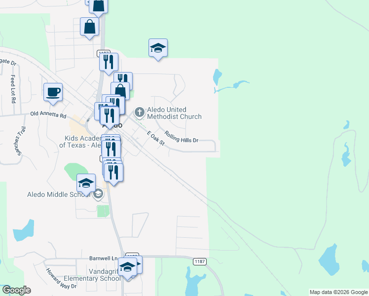 map of restaurants, bars, coffee shops, grocery stores, and more near 509 E Oak St in Aledo