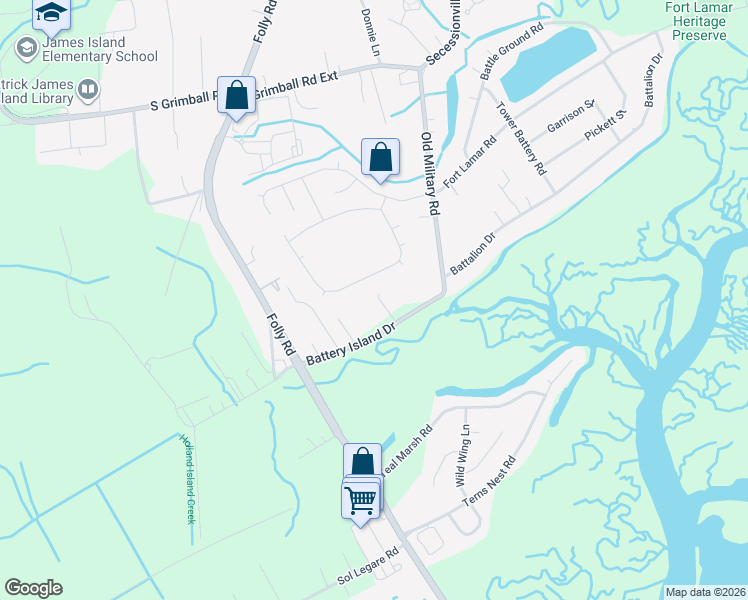 map of restaurants, bars, coffee shops, grocery stores, and more near 1538 Battery Island Drive in Charleston