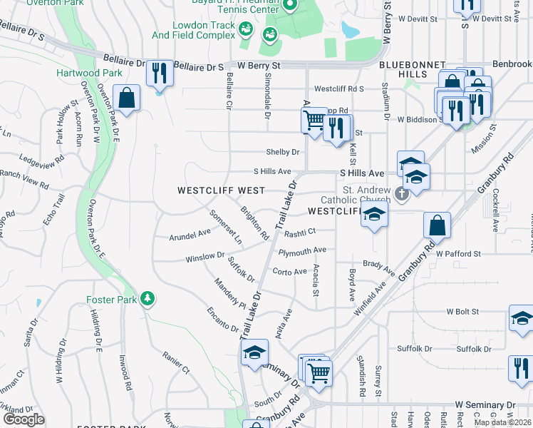 map of restaurants, bars, coffee shops, grocery stores, and more near 3609 Dryden Road in Fort Worth