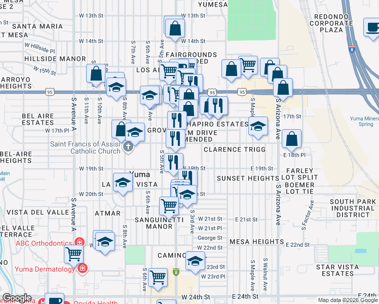 map of restaurants, bars, coffee shops, grocery stores, and more near 1860 South 3rd Avenue in Yuma