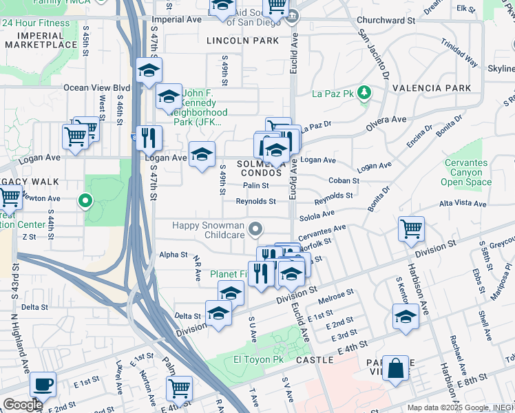map of restaurants, bars, coffee shops, grocery stores, and more near 5017 Reynolds Street in San Diego