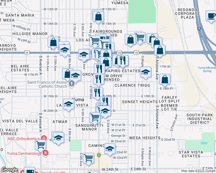 map of restaurants, bars, coffee shops, grocery stores, and more near 1843 South 4th Avenue in Yuma