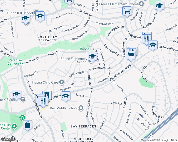 map of restaurants, bars, coffee shops, grocery stores, and more near 7295 Brookhaven Road in San Diego