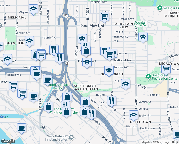 map of restaurants, bars, coffee shops, grocery stores, and more near 3510 Newton Avenue in San Diego