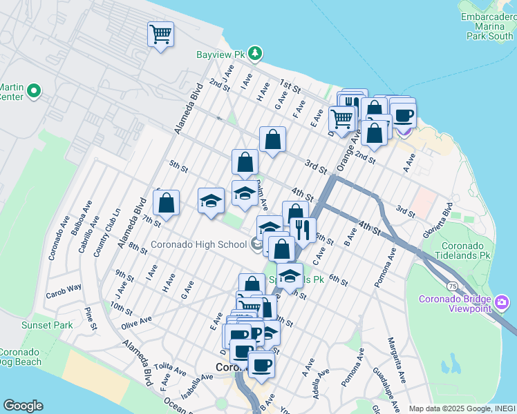 map of restaurants, bars, coffee shops, grocery stores, and more near 500 Palm Avenue in Coronado