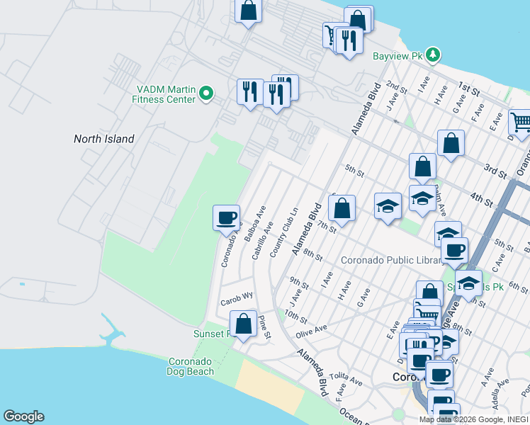 map of restaurants, bars, coffee shops, grocery stores, and more near 740 Cabrillo Avenue in Coronado