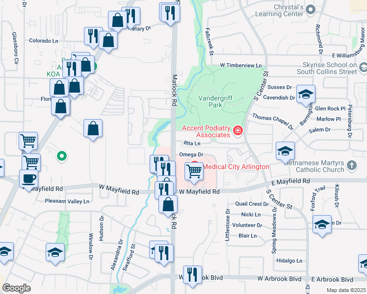 map of restaurants, bars, coffee shops, grocery stores, and more near 3125 Matlock Road in Arlington