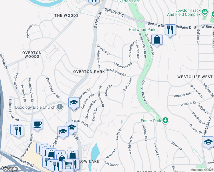 map of restaurants, bars, coffee shops, grocery stores, and more near 3733 Summercrest Drive in Fort Worth