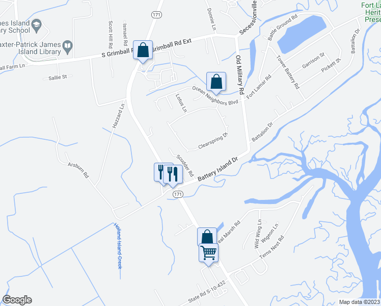 map of restaurants, bars, coffee shops, grocery stores, and more near 1005 Clearspring Drive in Charleston