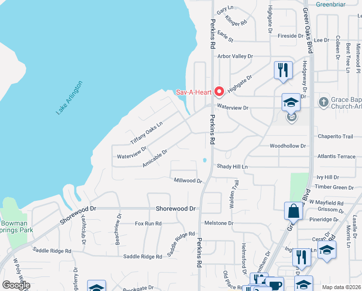 map of restaurants, bars, coffee shops, grocery stores, and more near 6102 Amicable Court in Arlington
