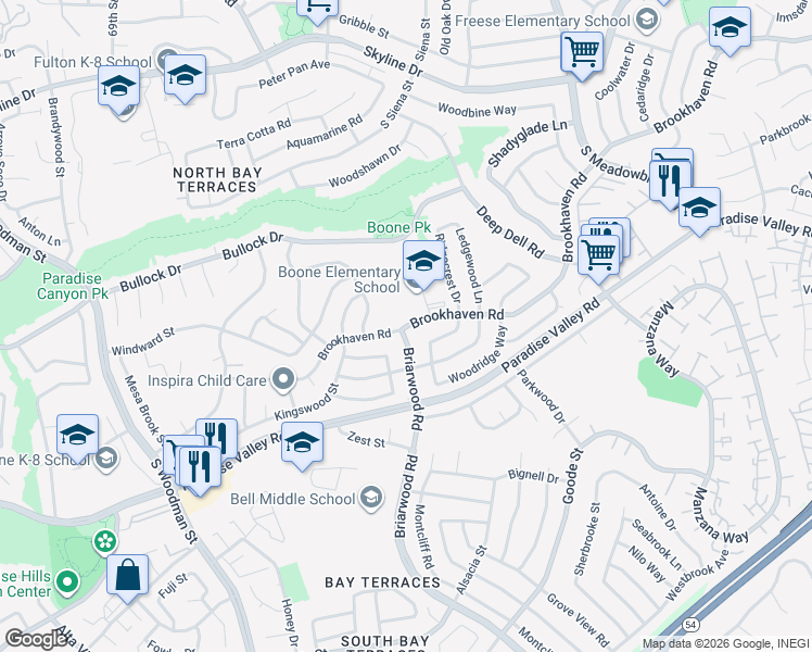 map of restaurants, bars, coffee shops, grocery stores, and more near 7330 Brookhaven Road in San Diego