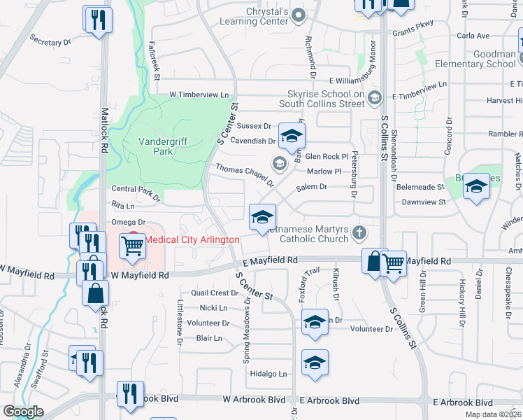 map of restaurants, bars, coffee shops, grocery stores, and more near 3024 Barrington Place in Arlington