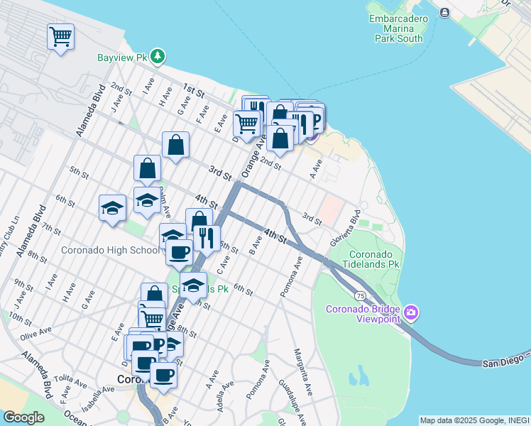 map of restaurants, bars, coffee shops, grocery stores, and more near 340 B Avenue in Coronado