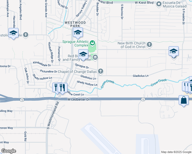 map of restaurants, bars, coffee shops, grocery stores, and more near 3308 Gladiolus Lane in Dallas
