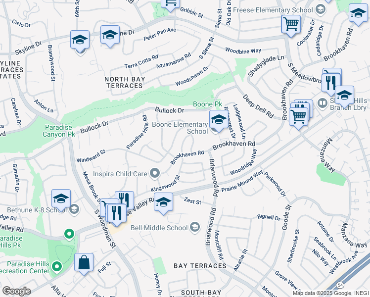 map of restaurants, bars, coffee shops, grocery stores, and more near 7235 Brookhaven Road in San Diego