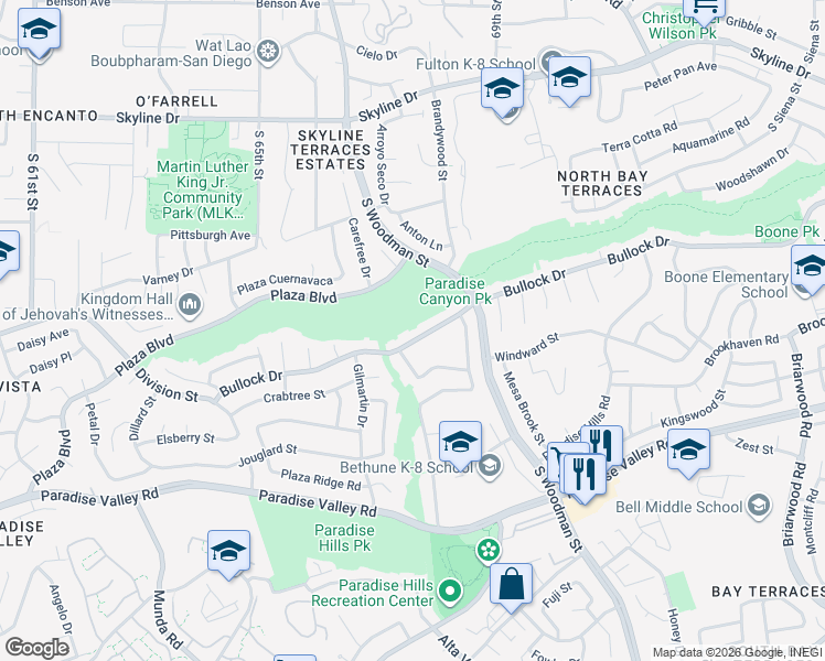 map of restaurants, bars, coffee shops, grocery stores, and more near 6778 Bullock Drive in San Diego