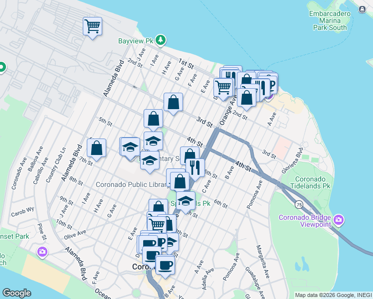 map of restaurants, bars, coffee shops, grocery stores, and more near 466 D Avenue in Coronado