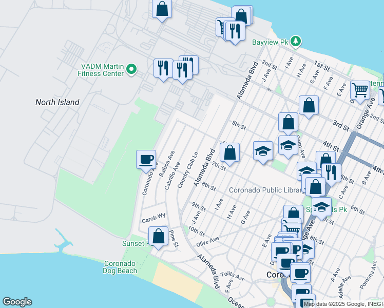 map of restaurants, bars, coffee shops, grocery stores, and more near 721 Country Club Lane in Coronado