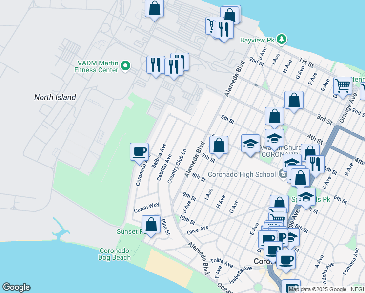 map of restaurants, bars, coffee shops, grocery stores, and more near 721 Country Club Lane in Coronado