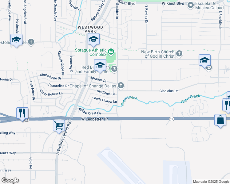 map of restaurants, bars, coffee shops, grocery stores, and more near 3308 Gladiolus Lane in Dallas
