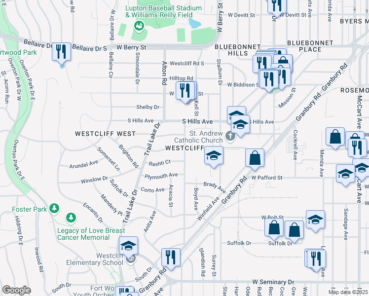 map of restaurants, bars, coffee shops, grocery stores, and more near 3805 Carolyn Road in Fort Worth
