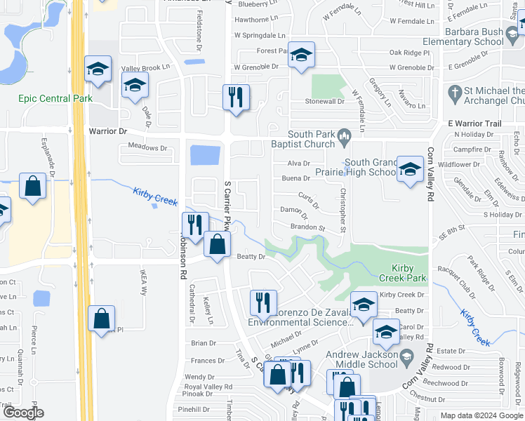 map of restaurants, bars, coffee shops, grocery stores, and more near 3154 Walingford Drive in Grand Prairie