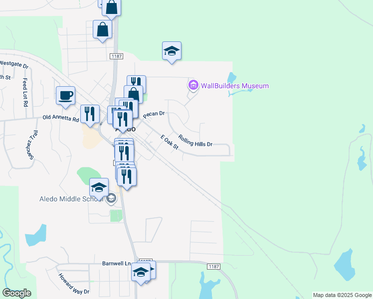 map of restaurants, bars, coffee shops, grocery stores, and more near 500 Hilldale Road in Aledo