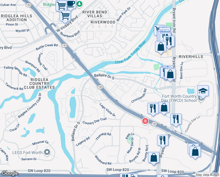 map of restaurants, bars, coffee shops, grocery stores, and more near 5707 Bellaire Drive South in Benbrook